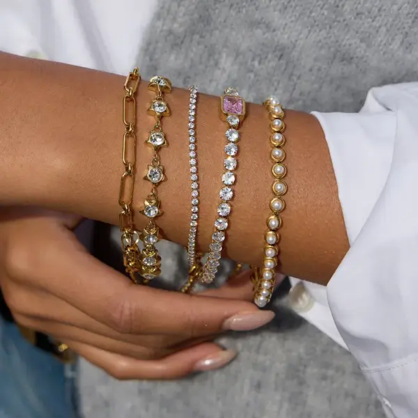 Wholesale Women - Classic Style / 18K Gold 304 Stainless Steel + High Gloss Pearl / High Gloss Pearl Bracelet Combination Plated With 18K Real Gold Vacuum Electroplating (In Furnace) Zircon Geometric Handmade Chain Waterproof Non-Fading