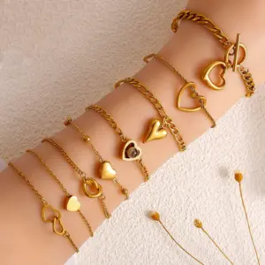 Wholesale Vacation Classic Style Heart Shape 304 Stainless Steel Cable Chain Bracelets In Bulk