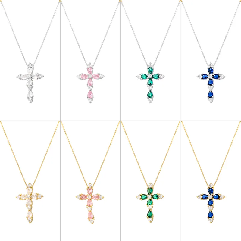 Wholesale Brass 18K Gold Plated Hip-Hop Luxurious Cool Style Cross Inlay Zircon Pendant Necklace