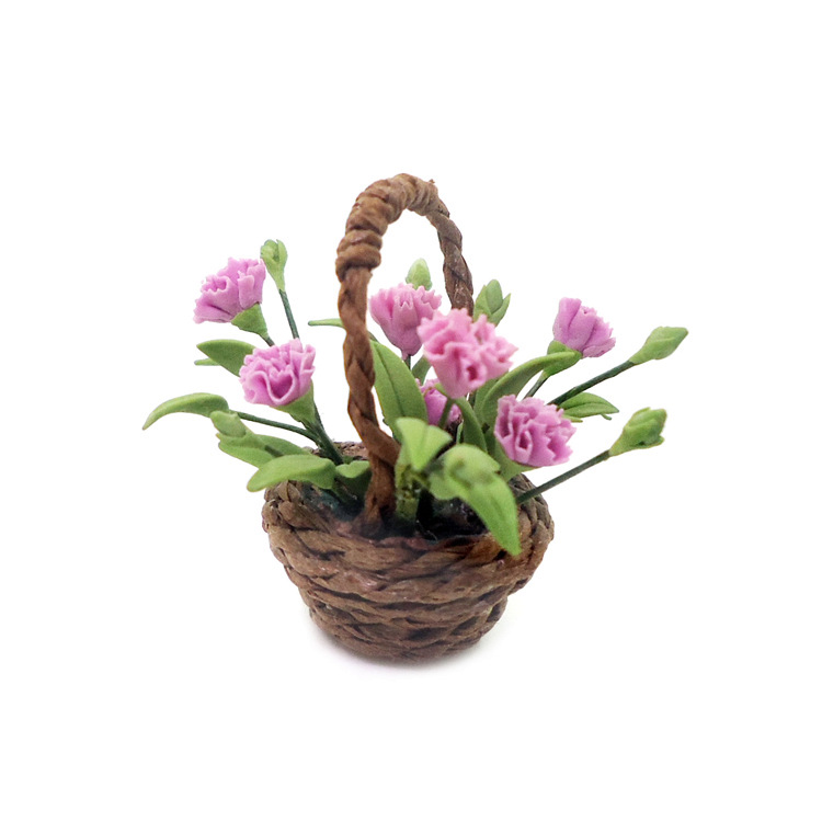 Wholesale 1:12 dollhouse dollhouse mini clay flower craft flower bonsai tted rattan basket Carnation model