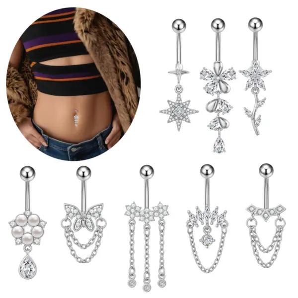 1 Piece 316 Stainless Steel Zircon Belly Rings Star Flower Butterfly Unisex