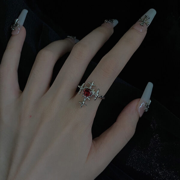 Wholesale Cross-border Retro Exaggerated Dark Cross Red Love Zircon Ring Finger Ring Opening Adjustable Ring