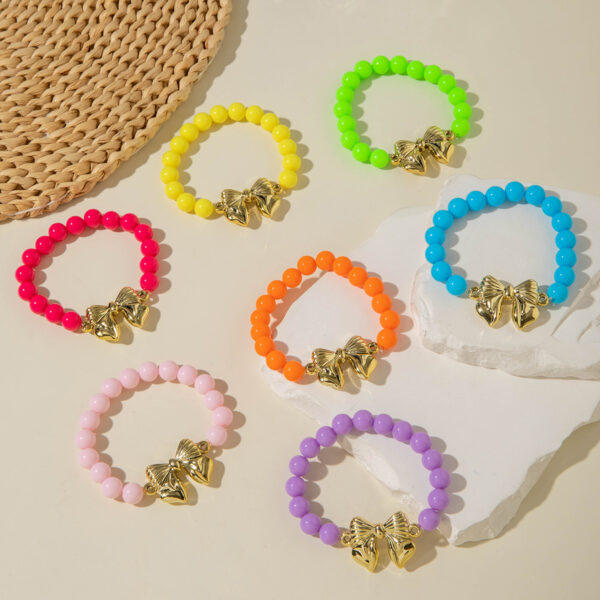 Wholesale European and American Cross-Border Dopamine Colorful Bowknot Acrylic Bracelet for Women, Fashionable Elastic Beaded Bracelet Jewelry