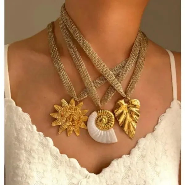 Wholesale Fashion Trendy Stainless Steel Leaf Conch Sun High-End Necklace Knitted Silk Mesh Belt Necklace For Women