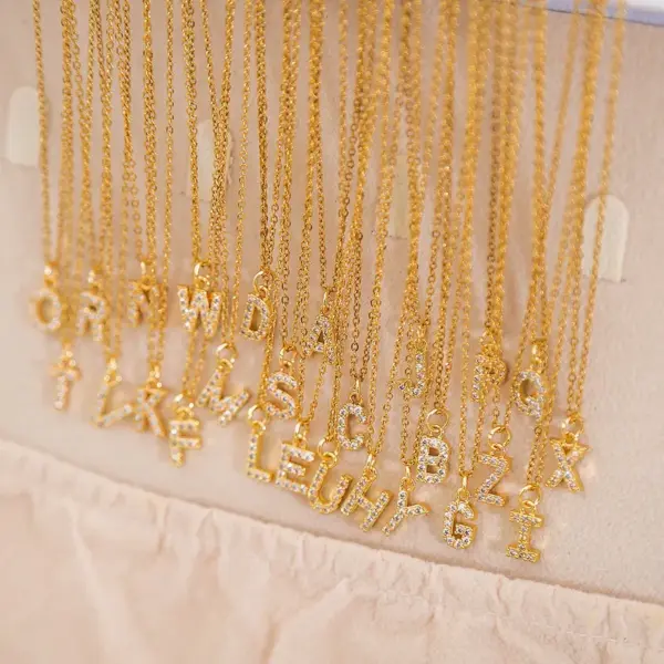 Wholesale 304 Stainless Steel Copper Letter Vacuum Plating Zircon 18K Real Gold Plated Streetwear Plating Inlay Pendant Necklace