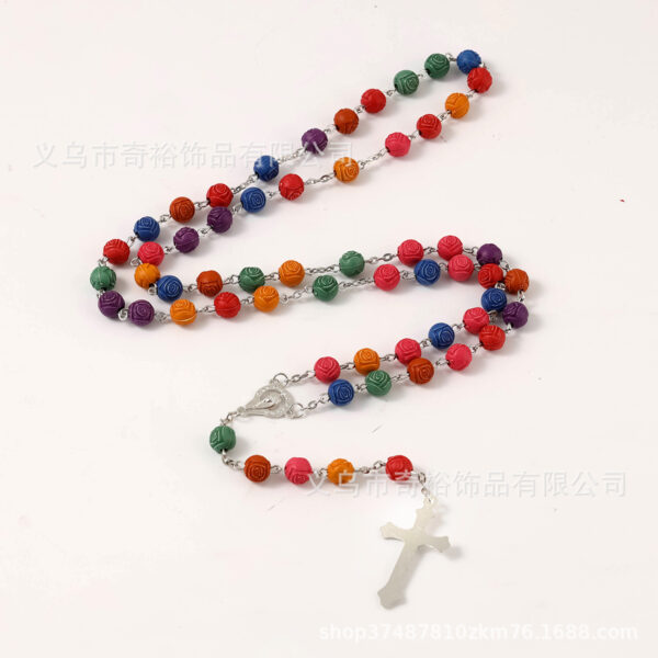 oly-166fb7aac30b1bb312299a6e3e1f17c8 Wholesale 8mm mixed color rose bead cross rosary necklace