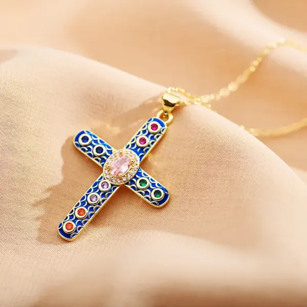 Copper Cross Electroplating Zircon Copper Plated Roman Style Enamel Plating Inlay Cable Chain Lobster Trigger Clasp Closure Pendant Necklace