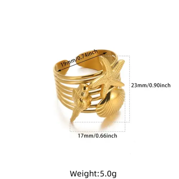 PVD Coated Real Gold Plated Geometric Starfish Shell 304 Stainless Steel Exaggerated Beach Simple Style Waterproof Non Tarnish Wide Band Rings Open