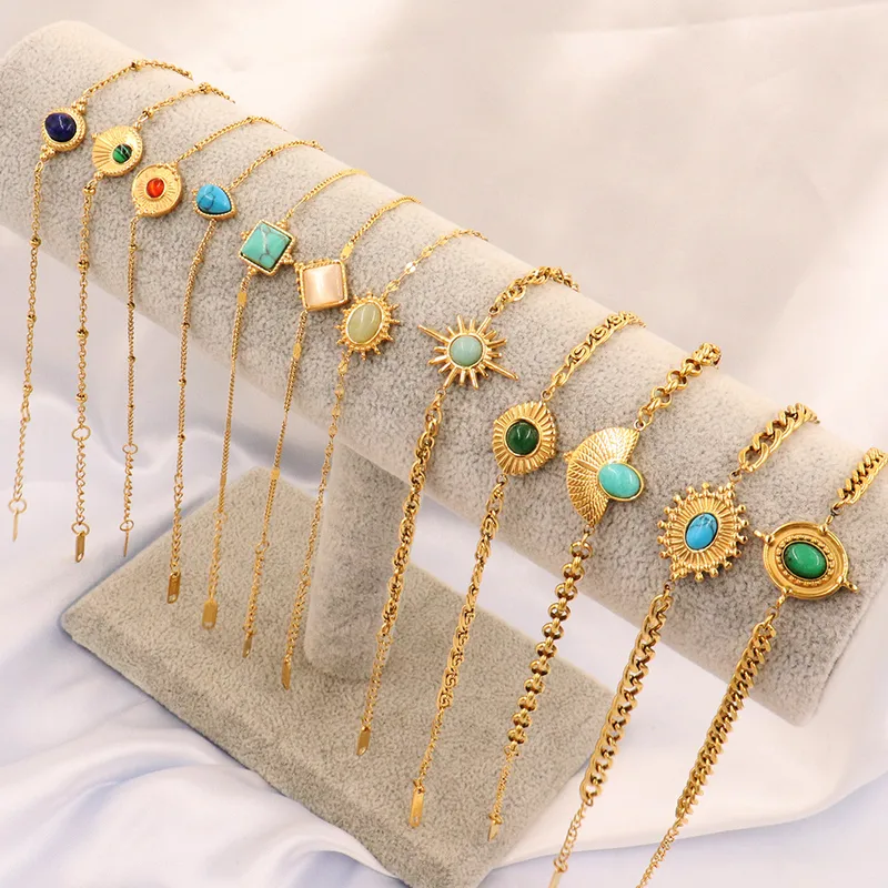 Wholesale Elegant Natural Stone Pendant Stainless Steel Bracelet For Women Simple Luxury Turquoise Hand Chain Style