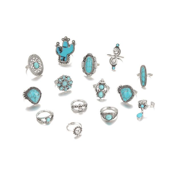 Wholesale Retro Bohemian turquoise cactus carved 14-piece set ring factory direct Amazon New