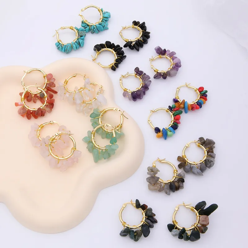 Wholesale 1 Pair Ethnic Style Bohemian Tropical Solid Color Handmade Plating Natural Stone Copper 18k Gold Plated Hoop Earrings