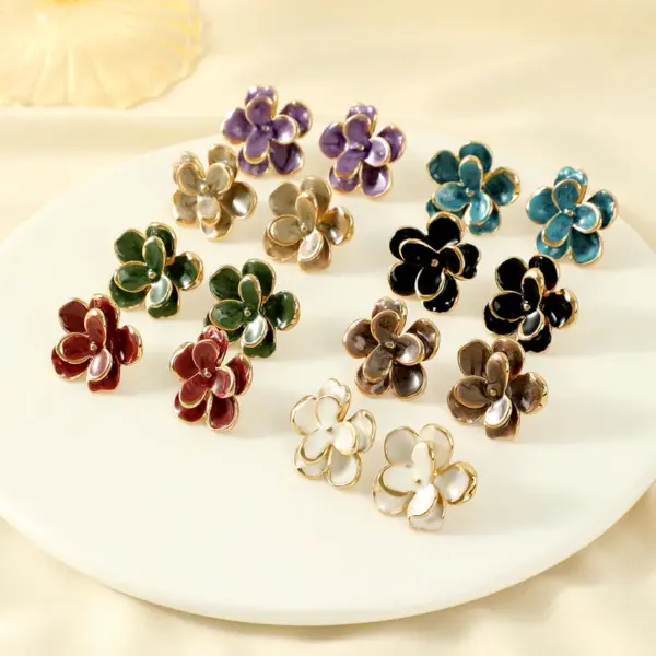 Wholesale Autumn Winter Color Matching Small Fragrance Style Wine Red 304 Stainless Steel Flower Stud Earrings Oil Drop Temperament Milk Tea Color Warm Winter Earrings Gift Option