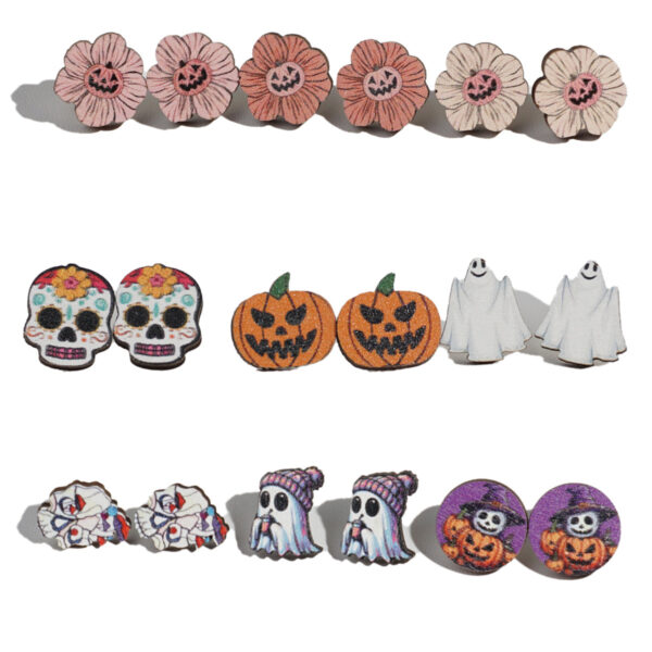 oly-16f8fa69773116b3f7990da60b4f68e6 Wholesale European and American Cross-border Halloween Cartoon Funny Ghost Pumpkin Kid Wooden Decorative Earrings Combination suit