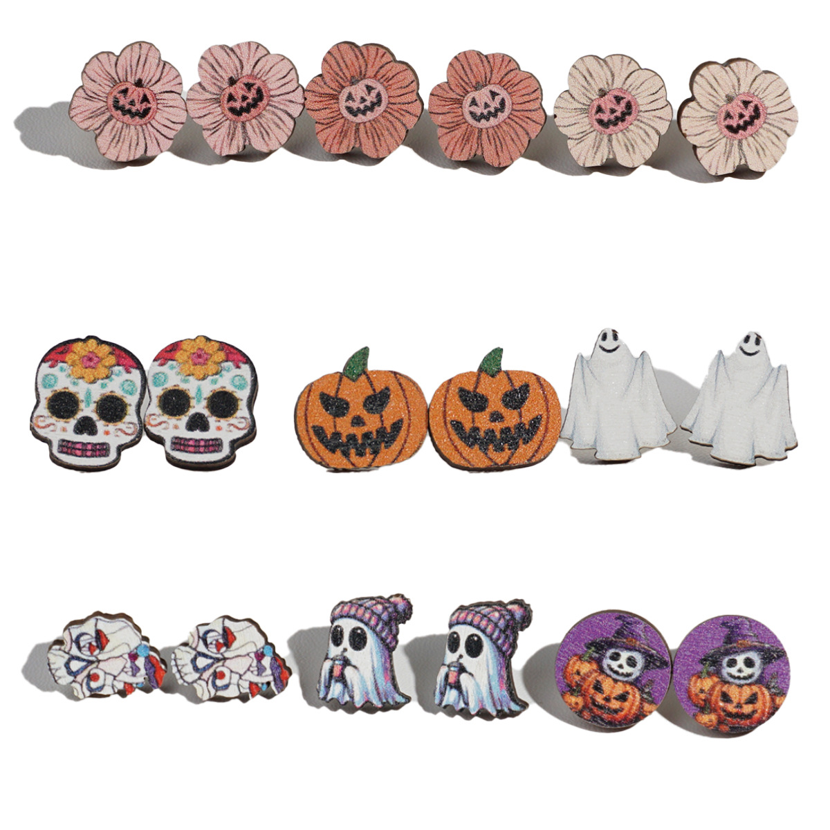 Wholesale European and American Cross-border Cartoon Funny Ghost Pumpkin Kid Wooden Decorative Earrings Combination suit