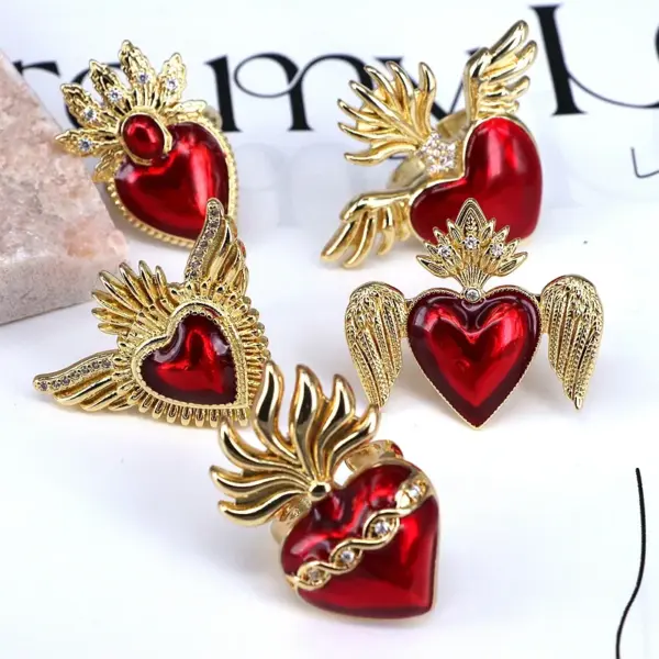 Wholesale Copper Inlay Heart Shape Wings Zircon Open Rings