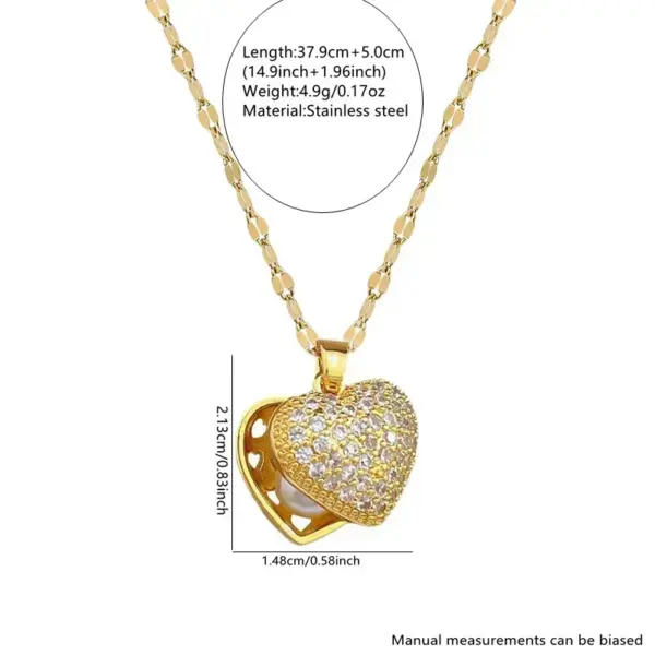 S Fashion Style 18K Gold Plated 304 Stainless Steel Vacuum Electroplated Glass Heart-Shaped 3D Pendant Necklace Suitable For Men As A Valentine's Day Gift For Wife