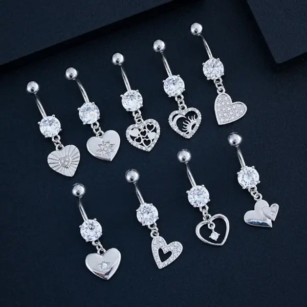 Stainless Steel Heart Series Zircon Navel Ring Piercing Jewelry Simple Style Unisex Navel Decoration Flower Pattern