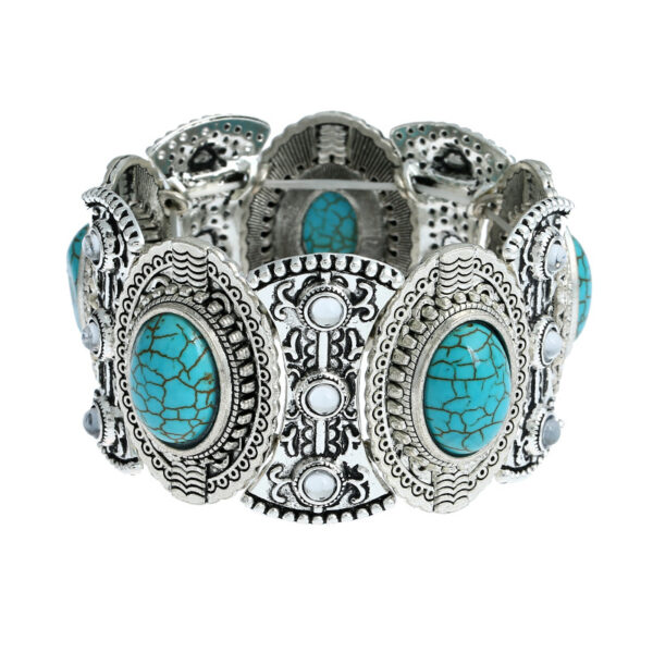 Wholesale European and American Ethnic Style Nepalese Bracelet Silver-Plated Diamond Turquoise Bracelet Retro Exaggerated Jewelry