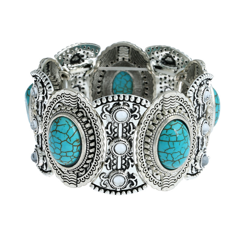 Wholesale European and American Ethnic Style Nepalese Bracelet Sier-Plated Diamond Turquoise Bracelet Retro Exaerated Jewelry