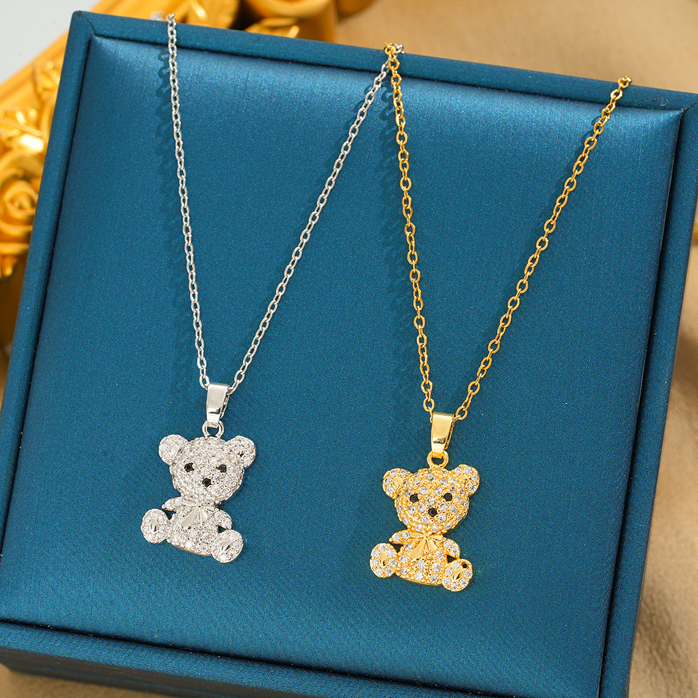 Wholesale Cross-Border Hot Selling Personalized Three-Dimensional Bear Titanium Steel Necklace Women's Niche Full Diamond Temperament Clavicle Chain S