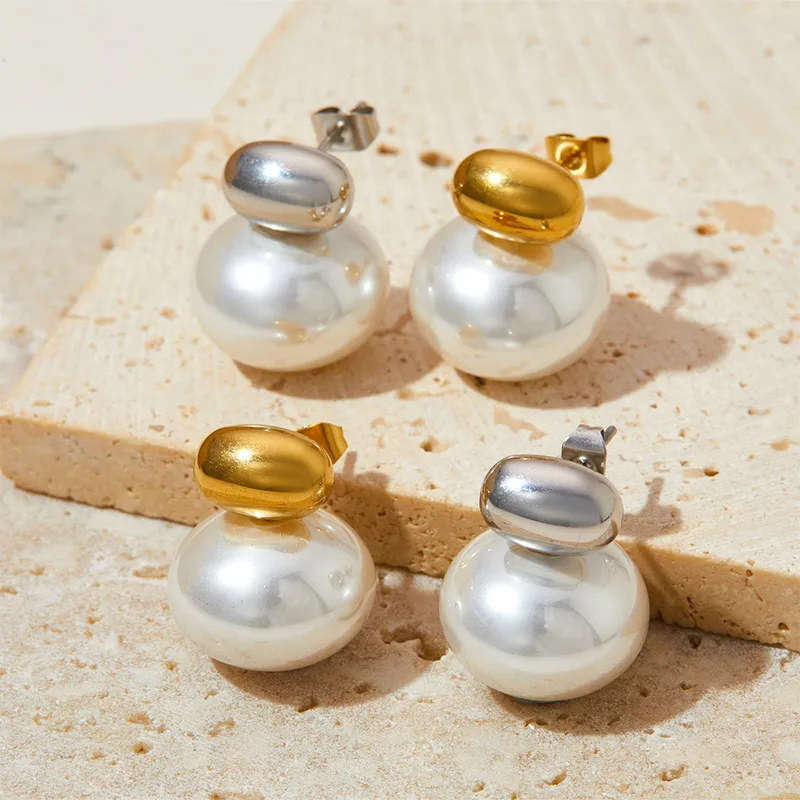 Wholesale 1 Pair Elegant Simple Style Oval Plating Inlay 304 Stainless Steel Pearl 16K Gold Plated White Gold Plated Gold Plated PVD Coated Ear Studs
