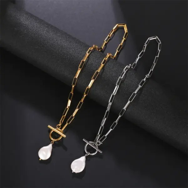 Wholesale Elegant Water Droplets Stainless Steel Freshwater Pearl Toggle Pendant Necklace