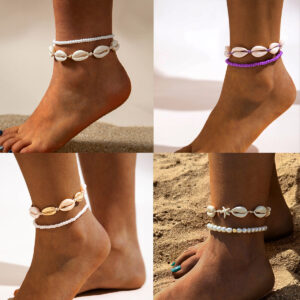 oly-1743d78372e0014393a6fe2cd4aaf486 Wholesale European and American Cross-border Ocean Beach Holiday Style Rice Beads Two-piece Simple Contrast Color Shell Hand-woven Anklet