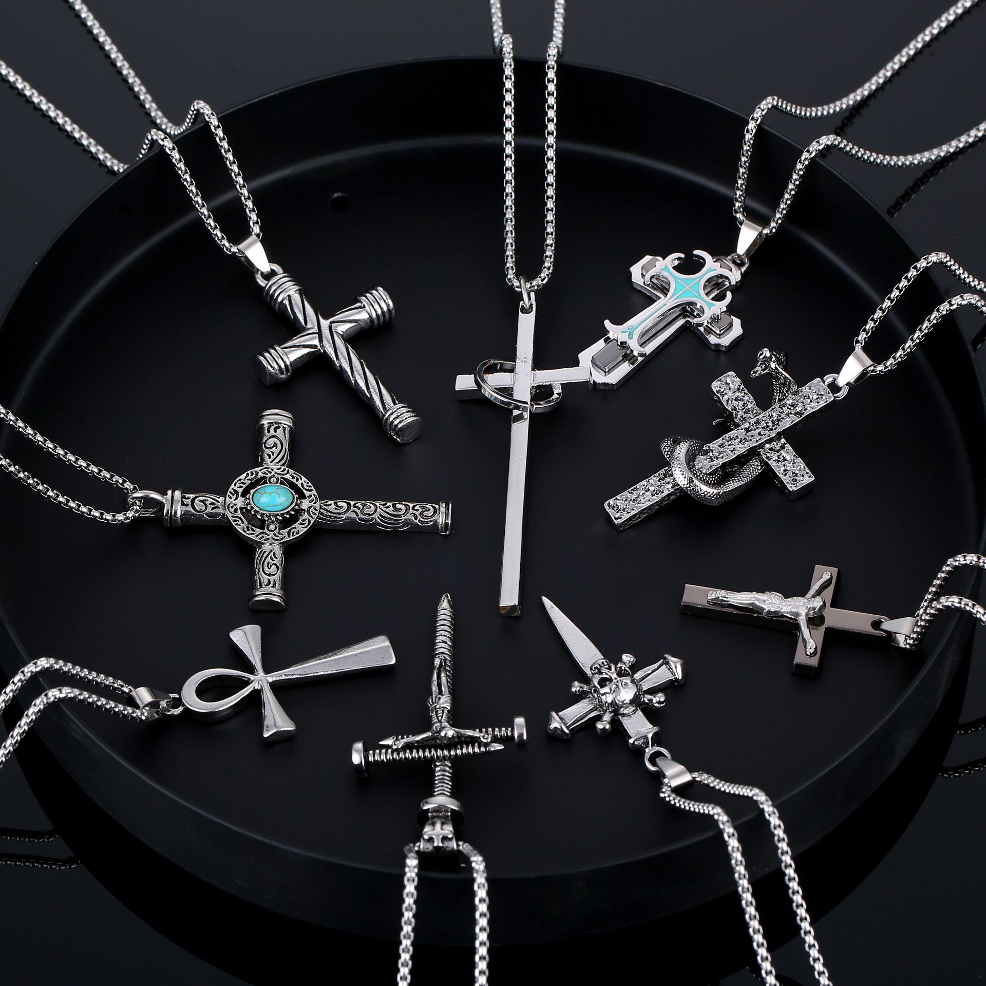 Wholesale European and American Ins Style Necklace Men's Versatile Cross Sweater Chain Internet Celebrity New Trendyy Aessories Titanium Steel Necklac