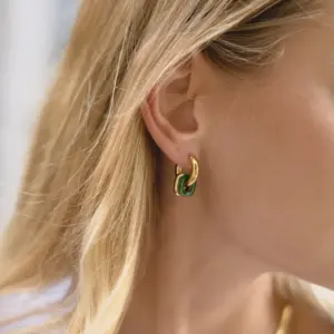 Wholesale Women's Style - Minimalist Style / 18K Gold Stainless Steel + Oil Drop / White / Black / Burgundy / Green Oil Drop Double Hoop Earrings Pair