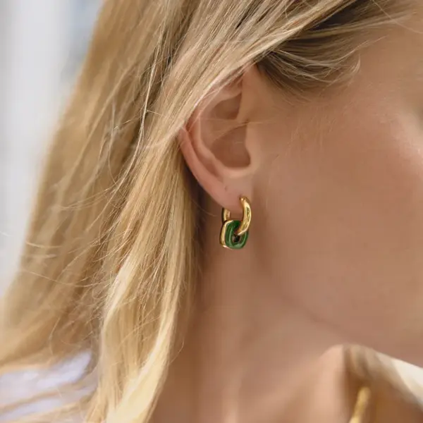 Wholesale Women's Style - Minimalist Style / 18K Gold Stainless Steel + Oil Drop / White / Black / Burgundy / Green Oil Drop Double Hoop Earrings Pair