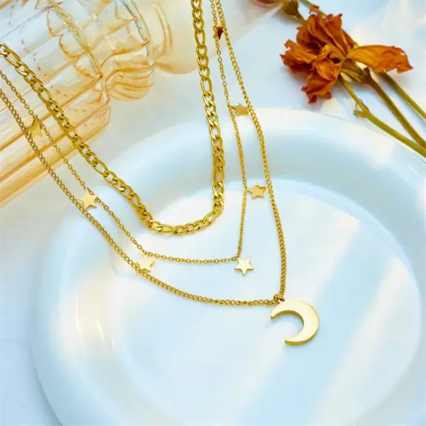 Wholesale PVD Coated 18K Gold Plated Moon 304 Stainless Steel Vintage Style Waterproof Non Tarnish 304 Stainless Steel Layered Necklaces