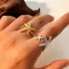 PVD Coated Real Gold Plated 18K Gold Starfish 304 Stainless Steel Retro Waterproof Non Tarnish Open Rings