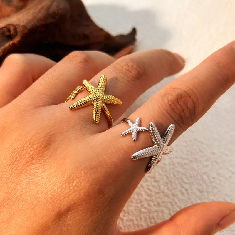 Wholesale PVD Coated Real Gold Plated 18K Gold Starfish 304 Stainless Steel Retro Waterproof Non Tarnish Open Rings