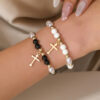 Wholesale Cross-border Hot-selling Elegant Cross Pendant Black Onyx Imitation Pearl Beaded Bracelet Women's Personalized Fashion Stacked Bracelet