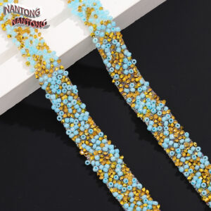 6 lake blue rice beads + pointed golden rhinestones / 1.5cm double-layer hot melt adhesive rice beads rhinestone hot drill strip
