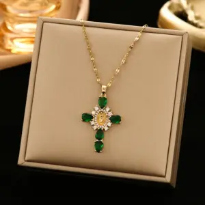 353 Cross Necklace-Gold / Green