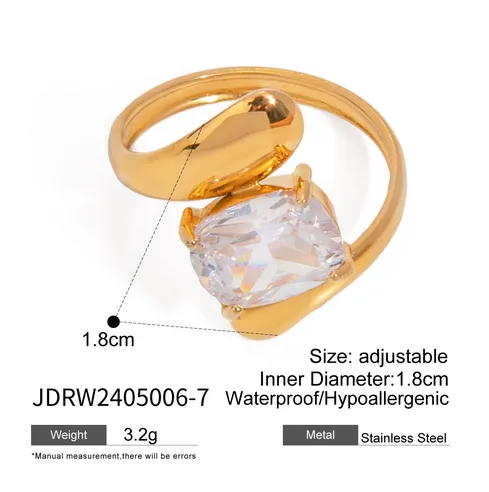 Wholesale 304 Stainless Steel Geometric Square PVD Coated Zircon 18K Real Gold Plated Real Gold Plated IG Style Waterproof Non Tarnish Inlay Gold Open Rings Rings