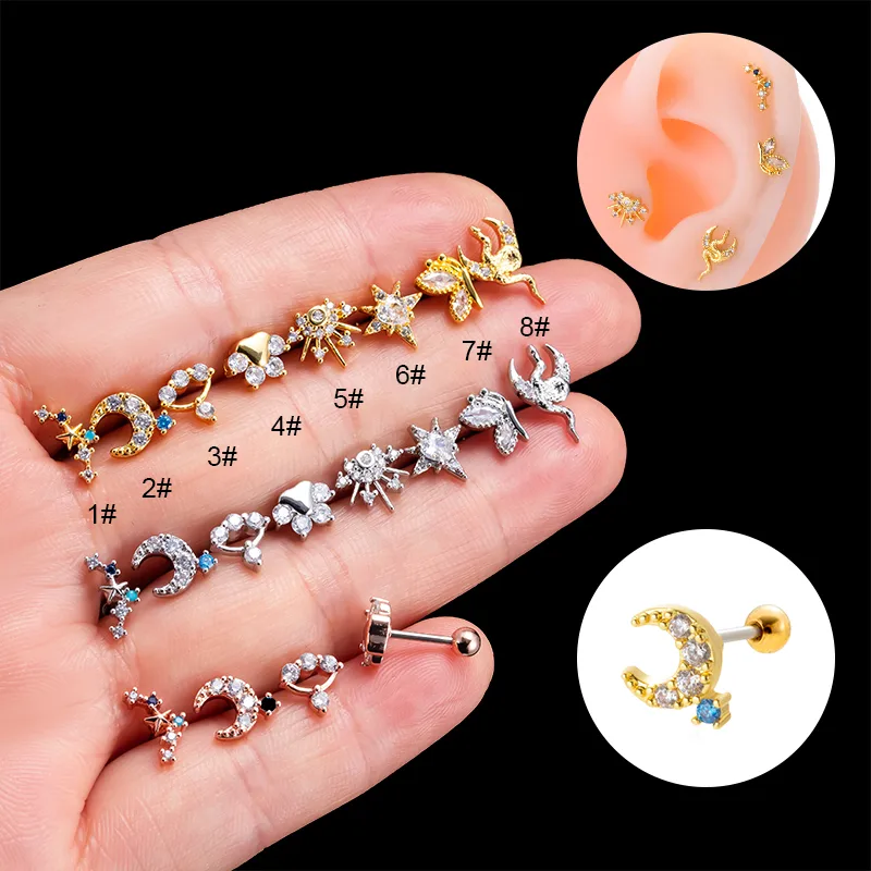 Wholesale 1 Piece 316L Stainless Steel Copper Zircon Ear Cartilage Rings & Studs Star Moon Butterfly Waterproof Non Tarnish Surgical Steel
