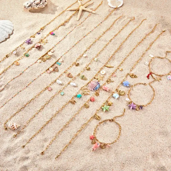 Wholesale PVD Coated Real Gold Plated Starfish Conch Coral 304 Stainless Steel Vacation Marine Style Waterproof Non Tarnish Jewelry Set