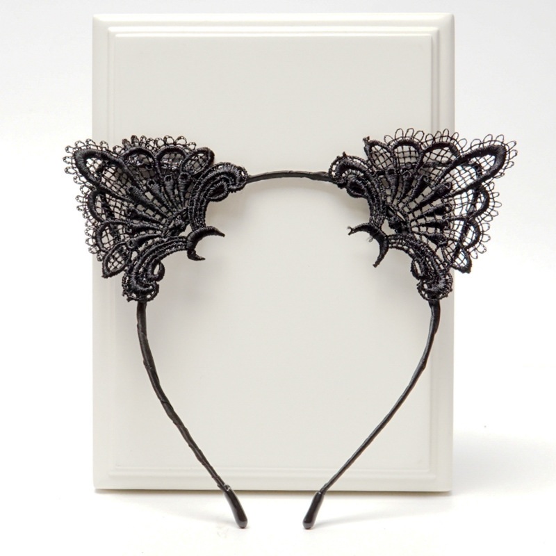 Wholesale Foreign trade cute sexy black lace cat ear hair band lace hair band headess adult
