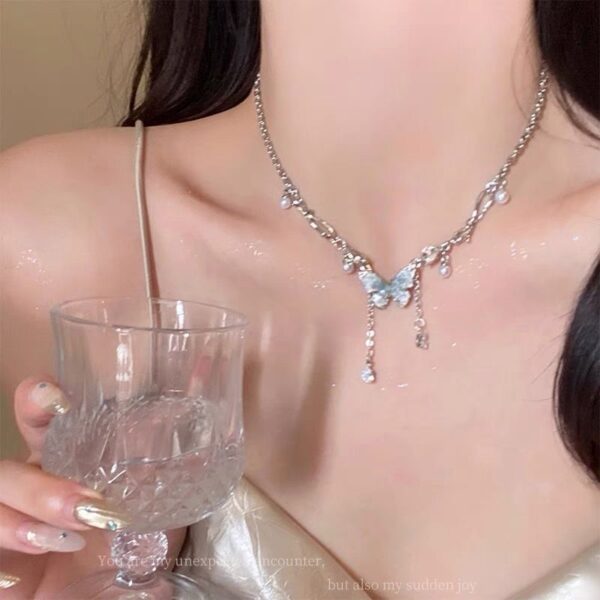 oly-17cabb84cc2de32c3568f083f42f8519 Wholesale Ice Crystal Gradient Pearl Butterfly Tassel Necklace Women's Ins Summer Exquisite High-grade Clavicle Chain Sweet Cool Girl Necklace