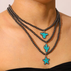 Wholesale New Ins Style Popular Fashion Elegant Black Ball Bead Necklace Women's Cowboy Boots Bull Head Five-Pointed Star Jewelry