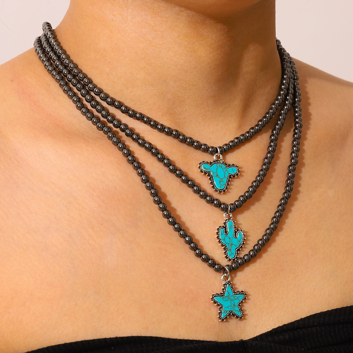 Wholesale New Ins Style pular Fashion Elegant Black Ball Bead Necklace Women's Cowboy Boots Bull Head Five-inted Star Jewelry