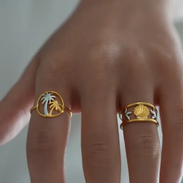 Wholesale PVD Coated Real Gold Plated 18K Gold Coconut Tree Starfish Ocean 304 Stainless Steel Retro Vacation Waterproof Non Tarnish Open Rings