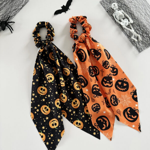 Wholesale Hot-selling Halloween ribbon hair tie, new style, funny pumpkin satin print, women's ponytail scrunchie hair accessory
