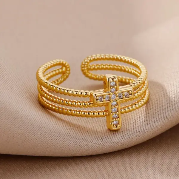 Wholesale Vintage Style Simple Style Cross Copper 18k Gold Plated Zircon Rings In Bulk