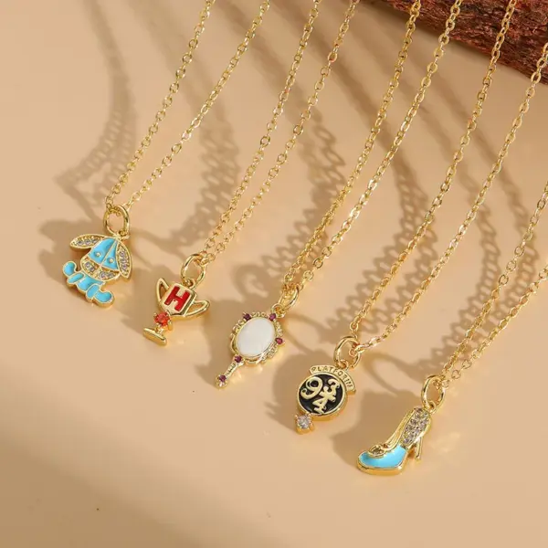 Wholesale Elegant Luxurious Classic Style Geometric Letter High Heel Copper Enamel Plating Inlay Zircon 14k Gold Plated Pendant Necklace