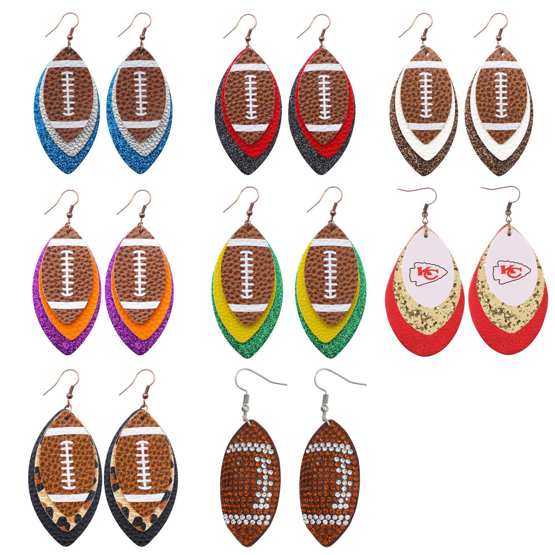 Wholesale Srty Rugby Brown Leopard Leaves Three-layer Leather Diamond Rugby Earrings Europe and America Cross-border Amazon