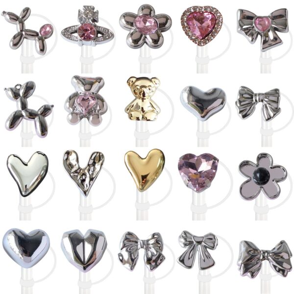 Wholesale Electroplated Metal Straw Cap Pink Diamond Series Dust Plug 10mm Diameter Creative Water Cup Straw Decorative Buckle Silicone Cap