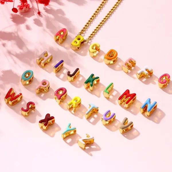 Wholesale Single 304 Stainless Steel Women's 18K Gold Plated Colorful Initial 3D Oil Drop Bubble Letter Pendant Necklace
